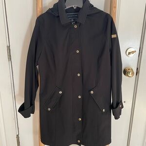 Tommy Hilfiger Black Trench Coat with Zipper, Snaps, and Removable Hood